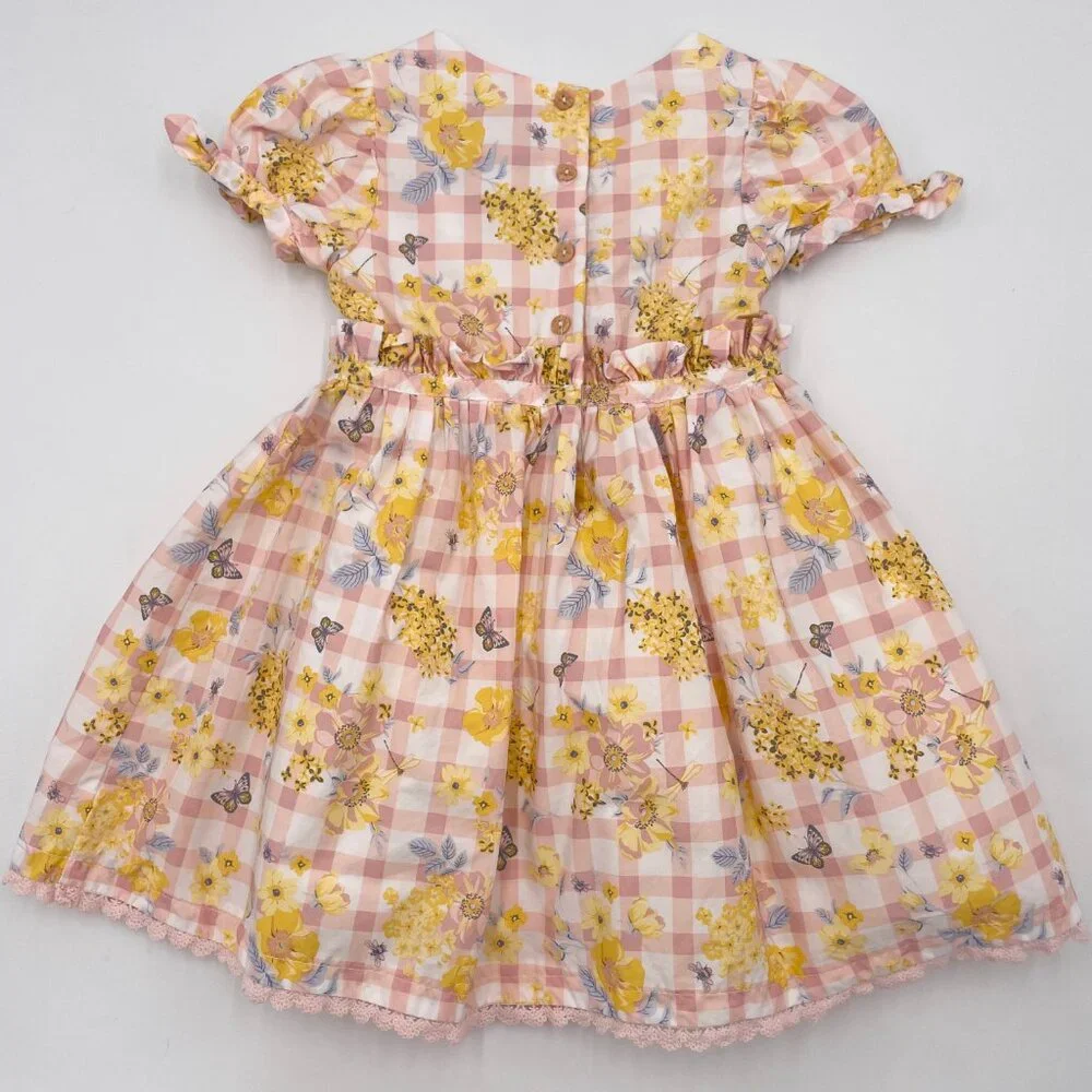 Haute Hippie Dress Gingham Floral Girl Size 2T Pink Yellow White‎ Puffed Sleeve